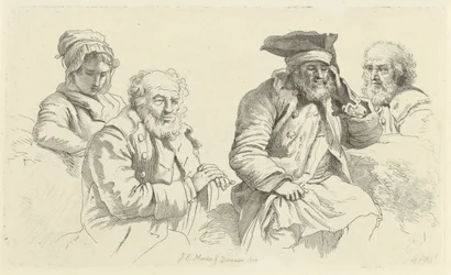 Studieblad met drie oude mannen en een jonge vrouw