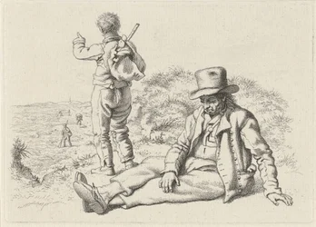 Zittende en een staande man aan een strand (Studie-prentwerk / Etudes gravées)