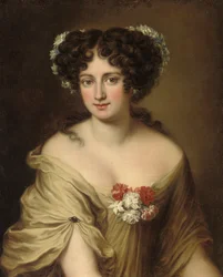 Portret van Contessa Ortensia Ianni Stella, buste lengte, in een ivoren chemise, met bloemen in haar haar
