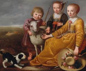 Drie kinderen met een geit en een hondje in een landschap