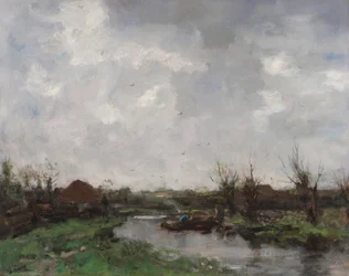 Een rivierlandschap met boerderijen, eind jaren 1870