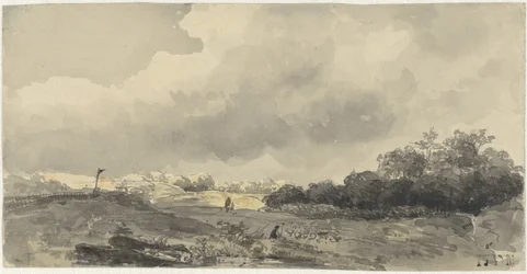 Landschap met schaapherder onder zware wolkenlucht