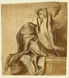 Geknielde man, naar rechts kijkend (recto); Schetsen van figuren (verso)