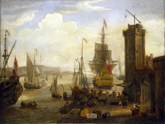 Scène van activiteiten op de dokken in een Britse haven, Engelse en Nederlandse schepen laden goederen van pakhuizen en winkels op de dokken, en de binnenkomst van verschillende schepen in de haven