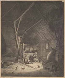 Interieur van een schuur met moeder en twee kinderen, vooraan een varken, kopie, 17e eeuw