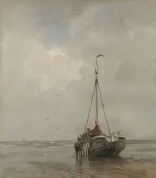 Vissersboot met brede boeg op het strand van Scheveningen. Circa 1885