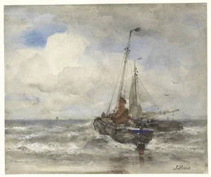 Twee vissersschepen bij het strand