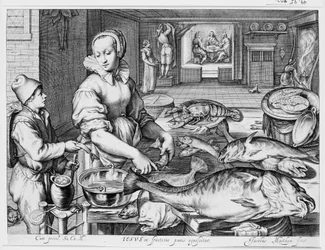 Keukenscène met een keukenmeid die vis bereidt, Christus te Emmaüs op de achtergrond, uit Keuken- en marktscènes met Bijbelse scènes op de achtergrond