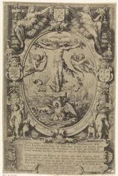 Kruisiging in allegorische omlijsting