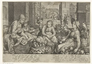 Marktscène met in de achtergrond de parabel van de arbeiders in de wijngaard, ca. 1600