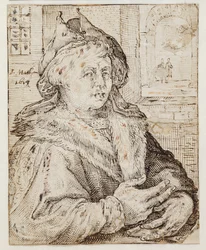 Portret van een man met muts en pelsomrande mantel, naar rechts gekeerd. Rechtsboven door een raamopening uitzicht op andere kamers