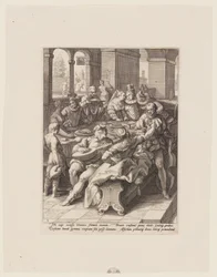 De verloren zoon feestend met hoeren, uit De geschiedenis van de verloren zoon