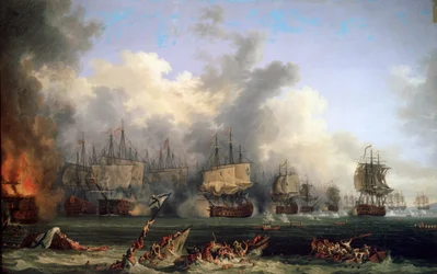 Het zinken van het Russische slagschip St. Evstafius in de zeeslag bij Chesma, 1771