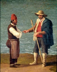 Een herder en een koopman in de haven van Monopoli, Apulië, Italië (herder en koopman in Monopoli). Jacob Philipp Hackert, genaamd Hackert d