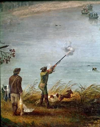 De meerkoetjacht van Ferdinand I van de Twee Siciliën (of Ferdinand IV van Napels) (1751-1825) op het Meer van Fusaro nabij Napels, Italië (Ferdinand IV jaagt op meerkoeten op het Meer van Fusaro) Detail - Schilderij door Jacob Philipp Hackert (1737-1807) 