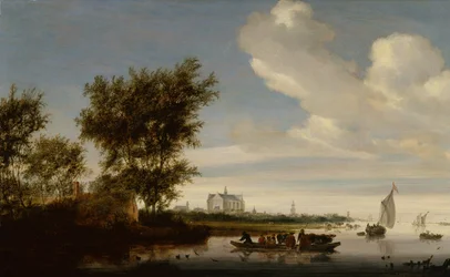 Een Ver Uitzicht op Alkmaar met Boeren en Vee op een Veerboot