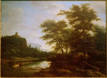 Landschap met kudde koeien bij de vijver