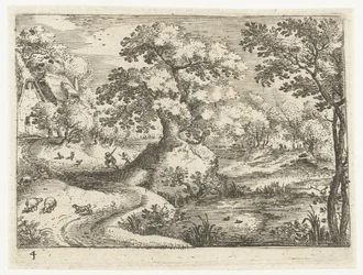 Landschap met reizigers nabij huizen