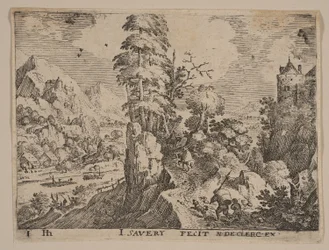 Pad met reizigers rechts van rivier, uit Landschappen