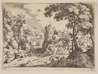 Beek tussen rotsheuvel en kasteel, uit Landschappen