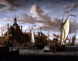 Een jacht van de Staten van Zeeland vuurt een saluut af bij de Dude Hoofdpoort, Rotterdam