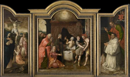 De Kruisiging (linkervleugel), De Profetie van het Herstel van Hizkia (middenpaneel), Abt Jacobus Delrio met Patroonheilige (rechtervleugel)
