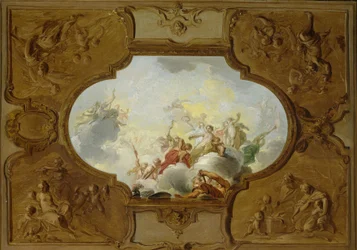 Ontwerp voor een plafondschildering met de apotheose van Aeneas, in de hoeken de vier seizoenen