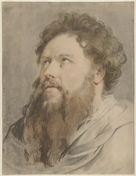Hoofd van man met baard, de ogen zien opzij naar boven