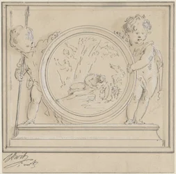 Twee putti met medaillon, waarin Narcissus en Echo