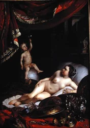 Een allegorische Vanitas met Homo Bulla (De mens is als een bel) en Vrouw Wereld (1654)