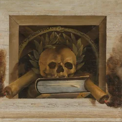 Vanitas stilleven met schedel met lauwerkrans, boek en twee brandende kaarsen