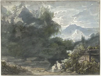 Baders bij antiek monument in bergachtig landschap