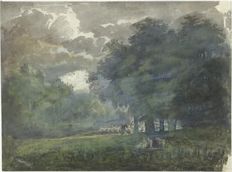 Herders met kudde in bosrijk landschap