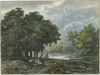 Herders met kudde in bosrijk landschap
