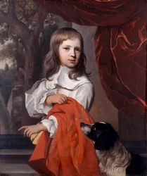Portret van een jonge jongen met een hond, 1658