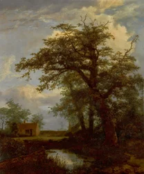 Een bosrijk landschap met een eik, vijver en huizen daarachter