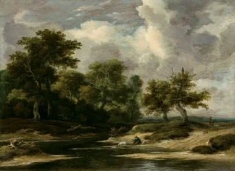 Een bebost rivierlandschap met een reiziger en hond