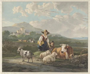 Een boerin en een jongen bij schapen en een koe, in een bergachtig landschap