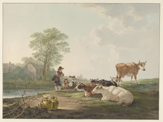 Landlieden bij rustend vee, in een Hollands landschap