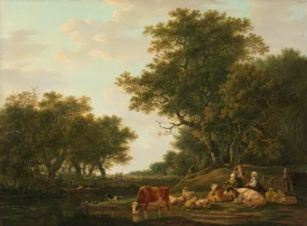 Landschap met Boeren met hun Vee en Vissers aan het Water