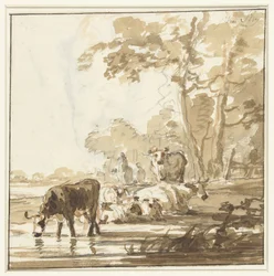Rustend vee aan een bosrand bij een poel