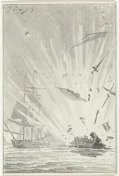 Ontploffing van het Nederlandse kaperschip De Dappere Patriot in gevecht met het Engelse schip Kameleon, 14 augustus 1781