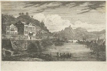 Rivierlandschap met hotel aan de kade