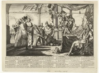 Spotprent op de advocatuur die garen spint bij het twisten van de mens, 1687