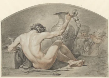 Zittend mannelijk naakt, de hand op het handvat van een vaas