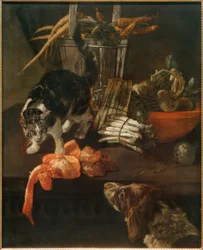 Keukenstuk met hond en kat