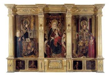 Het altaarstuk van Sint-Ildefons (overleden 667, bisschop van Toledo) en Sint-Augustinus van Hippo (ca. 354-430, Berber filosoof en schrijver). Schilderij door Jaume Baco genaamd Jacomart (1410-1461). Olie op hout, circa 1450, Renaissancekunst. Kathedraal 