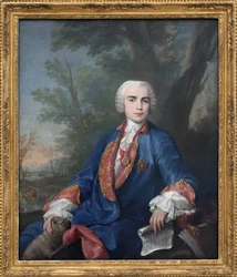 De sopraancastraat Carlo Broschi, genaamd Farinelli (1705-1782). De zanger draagt de medaille van de Orde van Calatrava; op de partituur die hij in zijn hand houdt staan enkele maten uit de opera Zenobia van Gaetano Latilia.