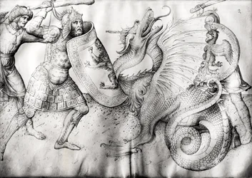 Strijd tussen krijgers en een draak, c.1450