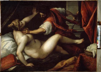Tarquinius en Lucretia (Tarquinius en Lucretia). Sextus Tarquinius verkracht Lucretia, een gebeurtenis die zou hebben geleid tot de val van de monarchie en het begin van de Republiek in het oude Rome, in 509 v.Chr. Schilderij van Jacopo Palma il Giovane